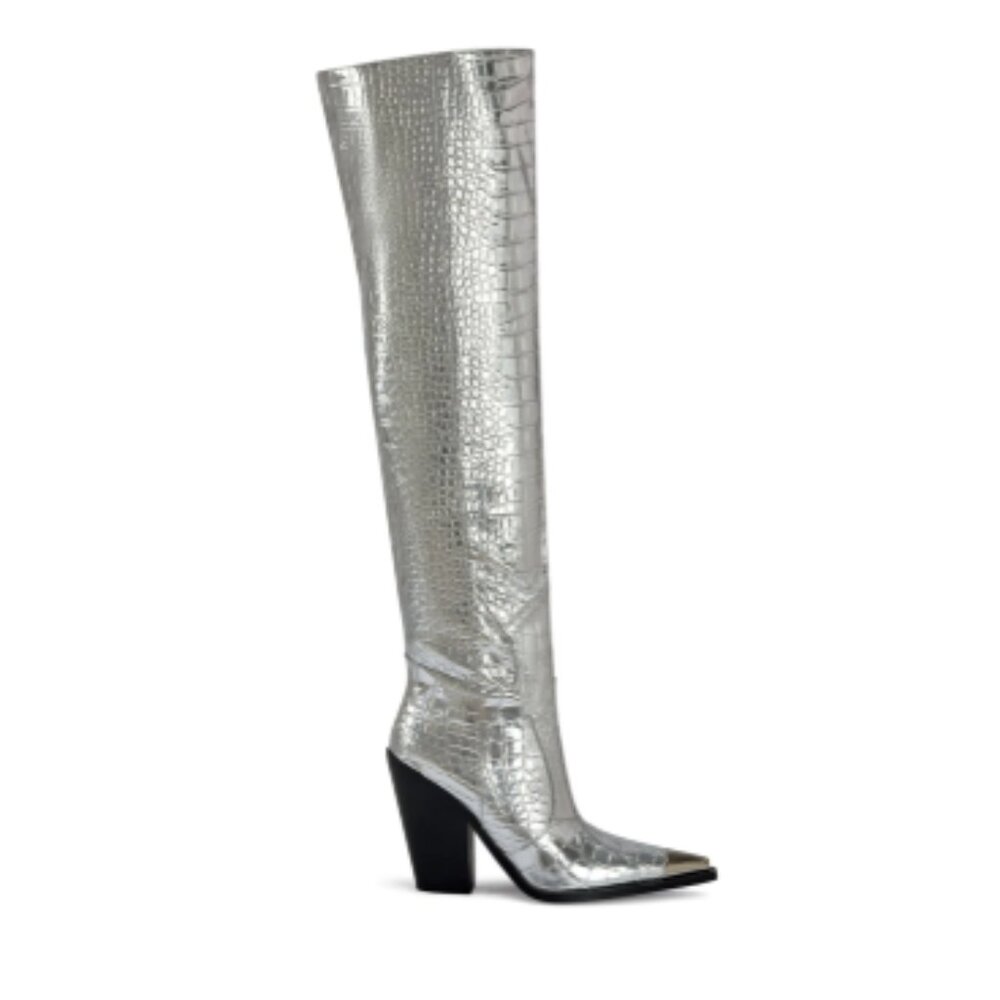 Azalea Wang Silver Thigh High Cowboy Boots